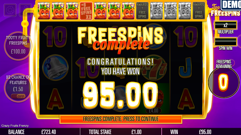 Tooty Fruity Freespins conclusion screen
