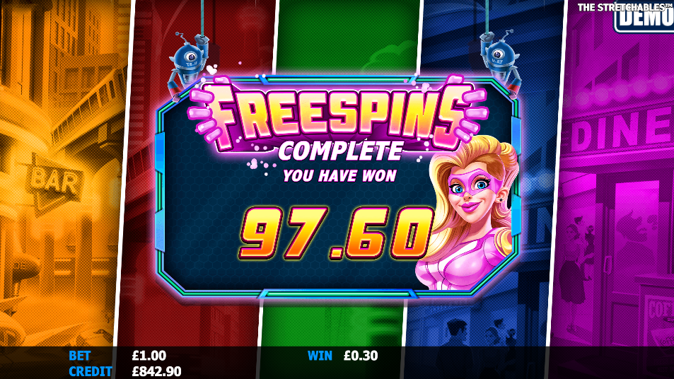 The Stretchables free spins complete screen showing £97.60 won