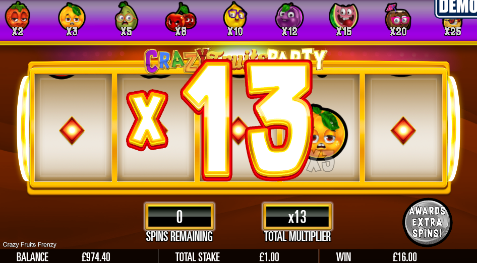 Crazy Fruits Frenzy Party feature end screen showing x13 total multiplier