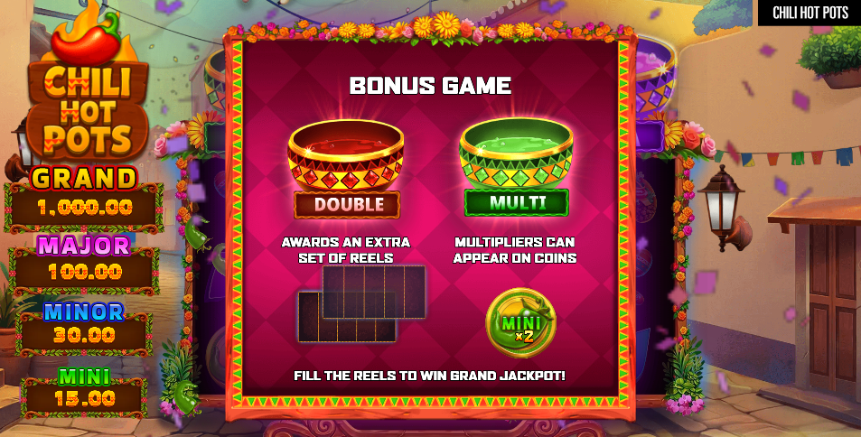 Chili Hot Pots Bonus Game screen displaying Double Reels and Multiplier modifiers together