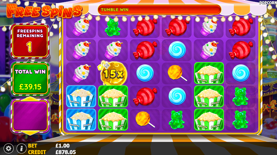 Popcorn Storm Gaming free spins final spin showing 15x multiplier symbol