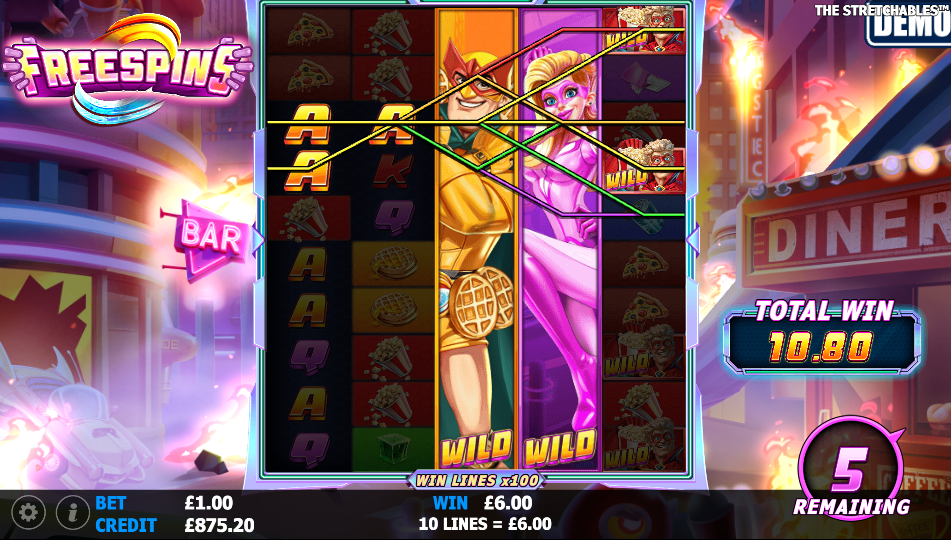 two superhero Wilds stretching across reels 3 and 4 on a fully expanded grid with 100 paylines