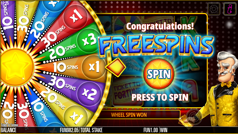Ticket to Fortune free spins wheel showing multiplier and spin count
