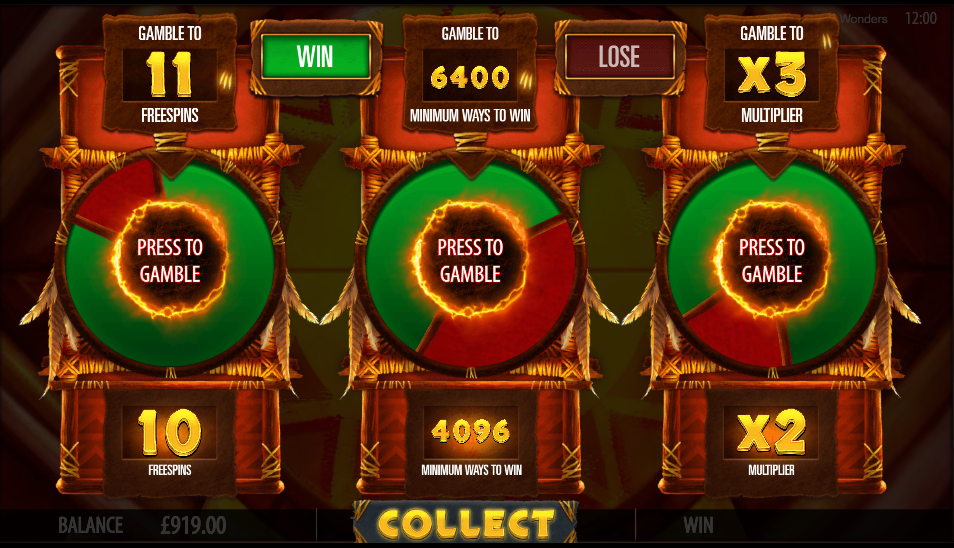 Gamble screen showing three independent wheels