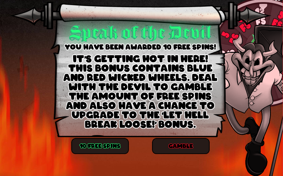 free spins activation screen displaying the 10 Free Spins and Gamble choice buttons