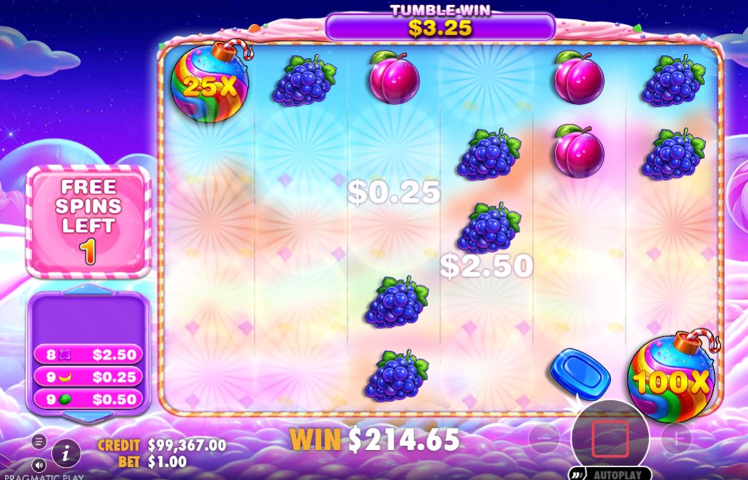 Two candy bombs, 25x and 100x, on the reels during the free spins with one spin left