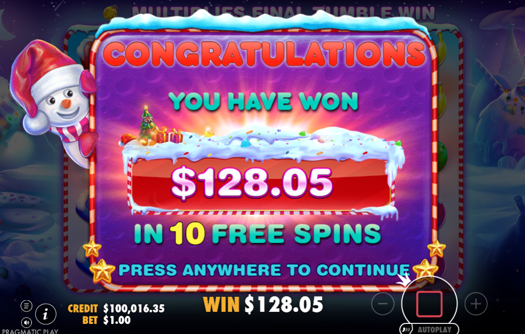 Sweet Bonanza Christmas free spins congratulations screen