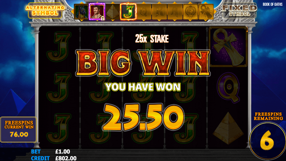 Book of Oaths free spins mid-round showing a 25x stake Big Win