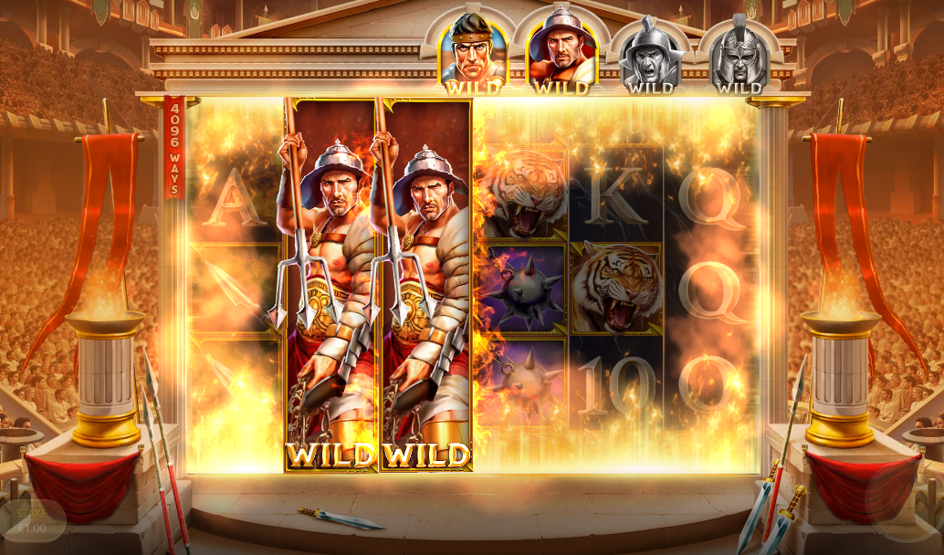 two gladiator wilds filling adjacent reels with flames