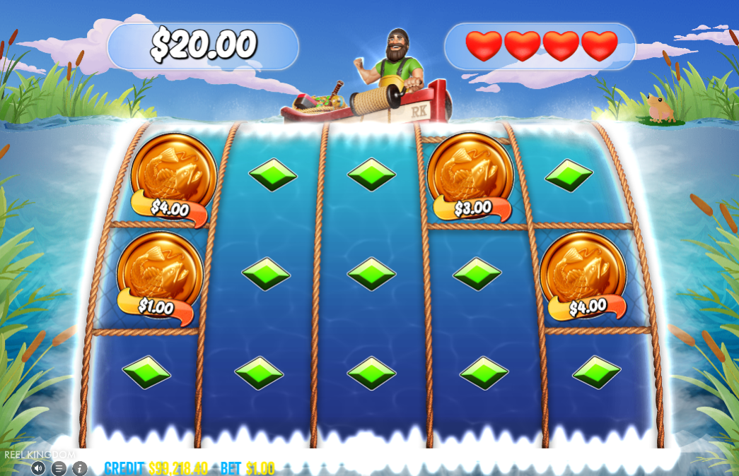 Big Bass Hold and Spinner bonus round showing four money coins