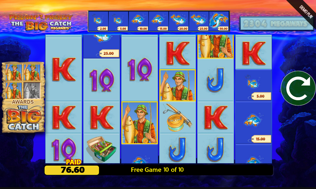free games closing spin with three fishermen collected and Big Catch upgrade not triggered