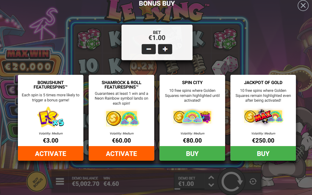 The buy menu lays out two spin toggles and two direct bonus buys