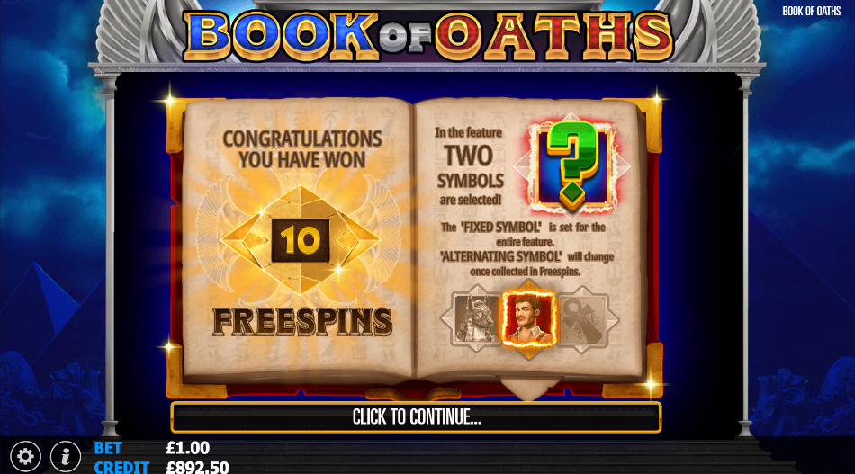 Book of Oaths free spins activation displaying 10 spins won alongside the dual symbol mechanic