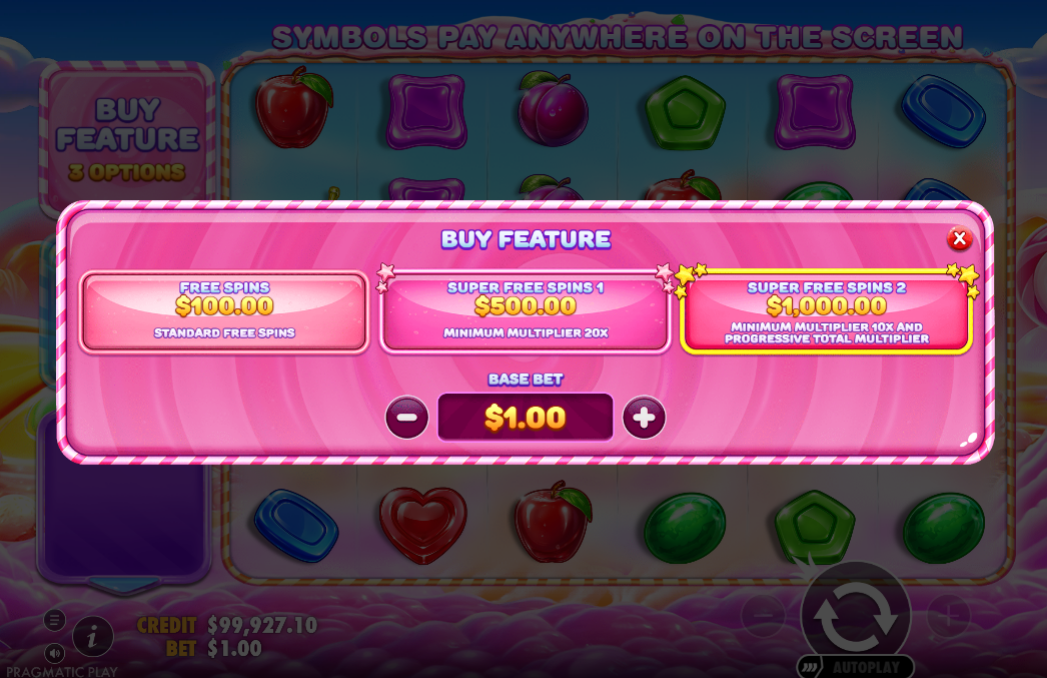 Sweet Bonanza 2500 buy feature menu