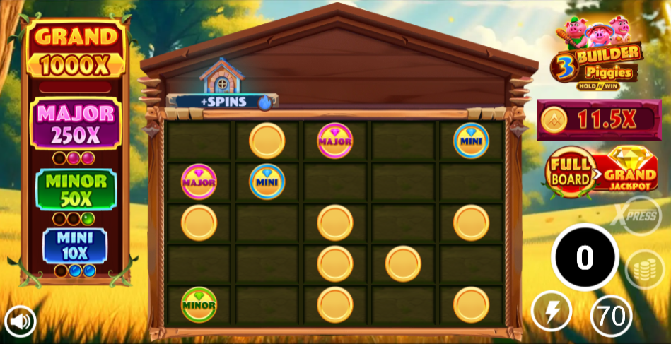 Jackpot Coin Flip screen with Major and Mini jackpot coins on the grid