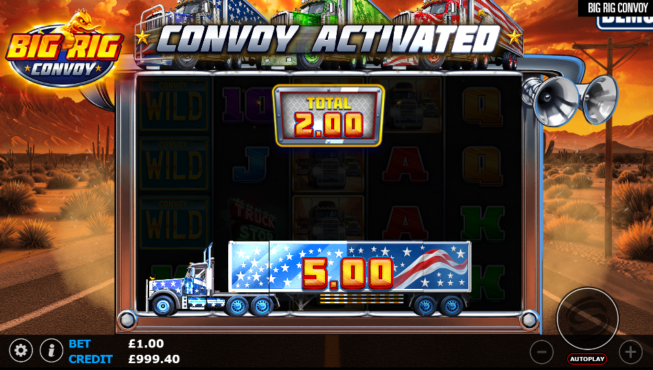 Big Rig Convoy random Convoy feature mid-run with an American flag truck carrying £5.00