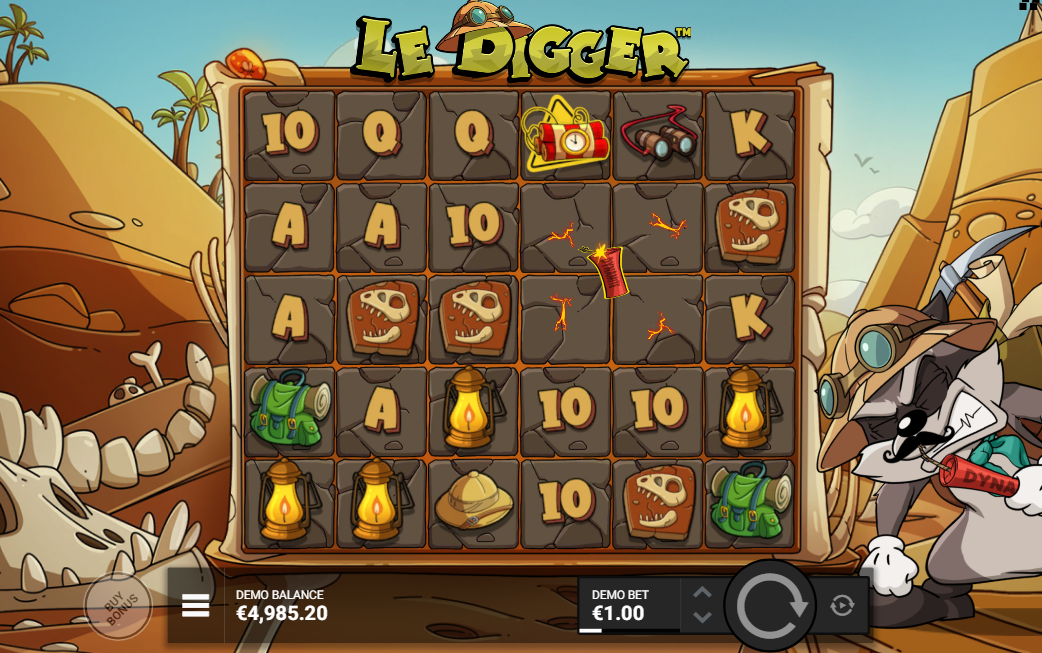Smokey the raccoon with dynamite beside the Le Digger grid