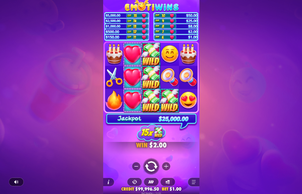 Emotiwins slot grid showing heart symbols and money wilds