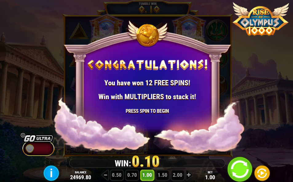 Rise of Olympus 1000 Congratulations screen awarding 12 free spins
