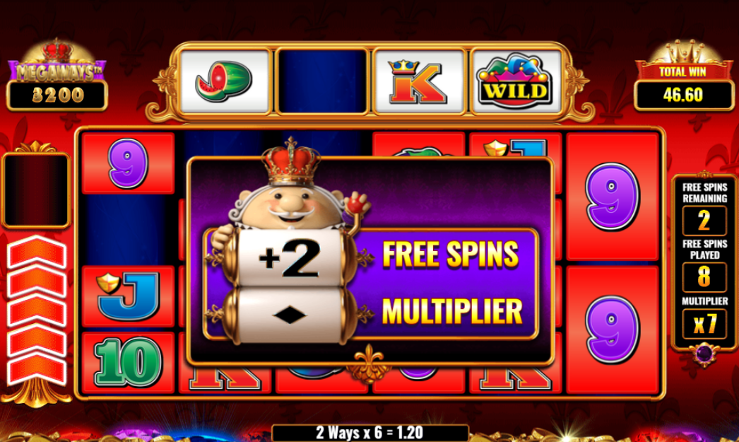 Reel King Megaways free spins king appearing after all reels lit to award extra spins and multiplier boost