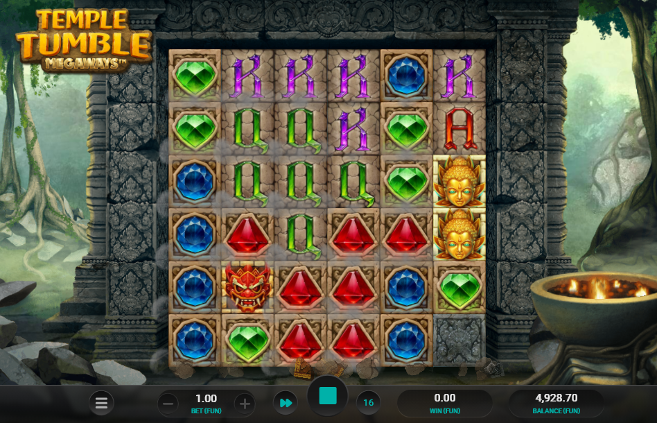 Temple Tumble Megaways base game with grid almost fully cleared
