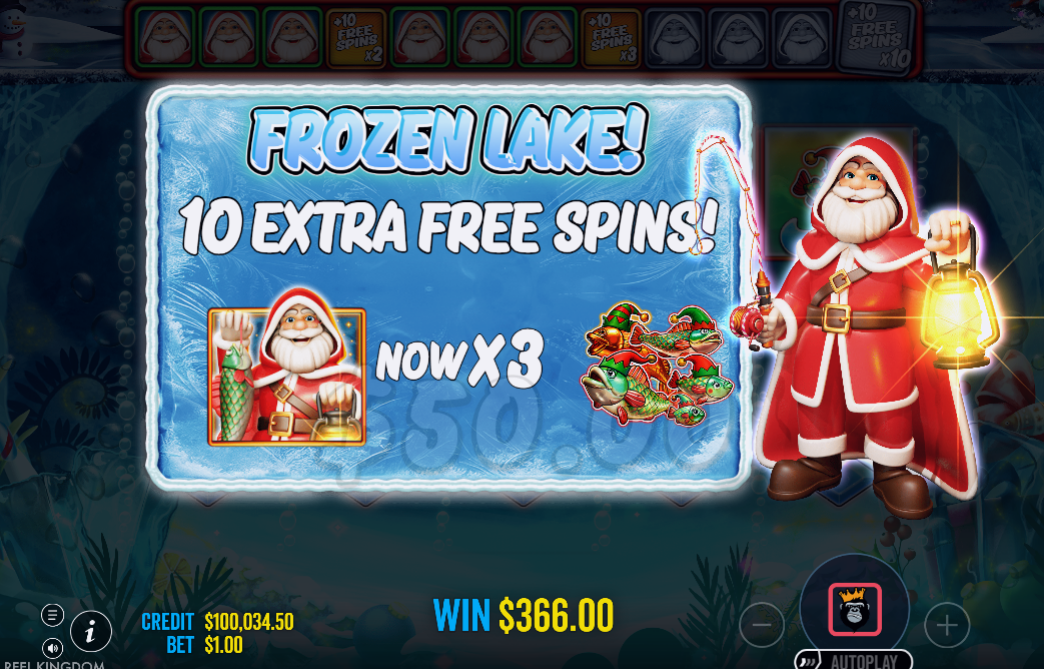Big Bass Christmas Frozen Lake free spins retrigger screen