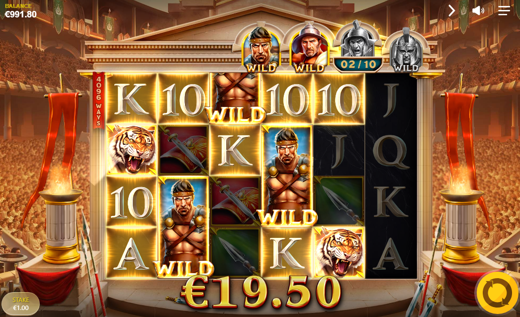 gameplay win of €19.50 with gladiator wilds lit gold and shield progress tracker above the reels