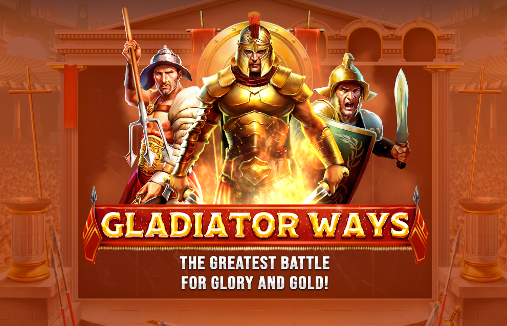 Gladiator Ways slot title screen showing three armoured gladiators