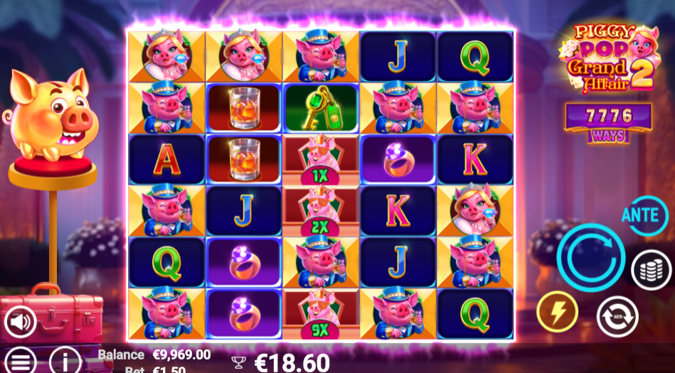 standard play in Piggy Pop Grand Affair 2 with Ante Bet running