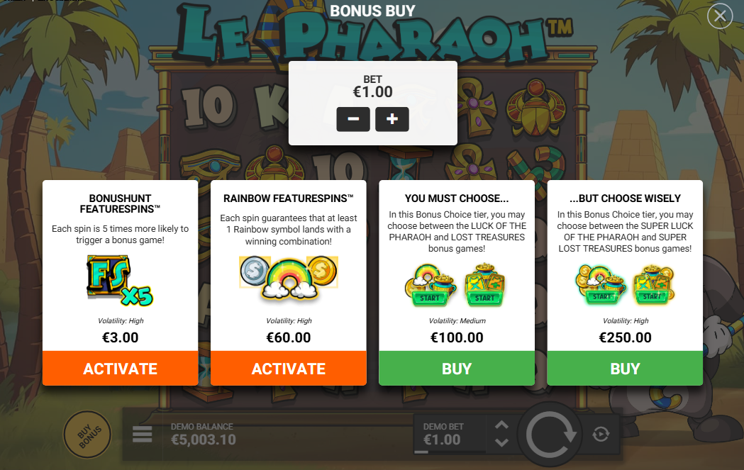 Le Pharaoh bonus buy menu showing four purchase options