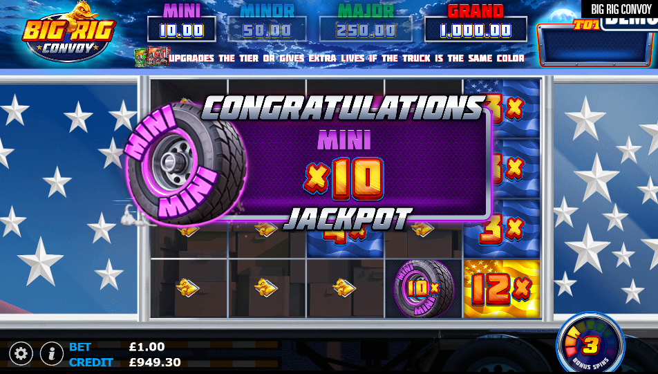Mini Jackpot screen showing a 10x Mini tyre symbol awarded