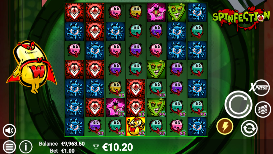 Spinfection 7x7 grid mid-session showing a €10.20 win with multiplier cells active