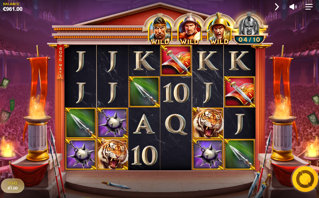 three gladiator wilds unlocked above the slot reels and deep red arena backdrop