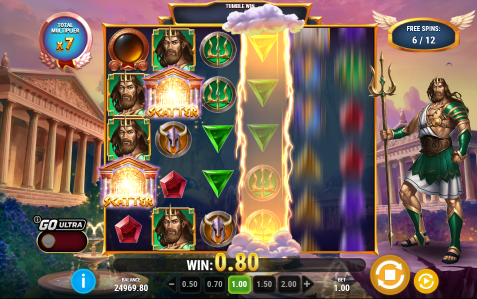Rise of Olympus 1000 bonus round mid-spin with cloud effects above row 4