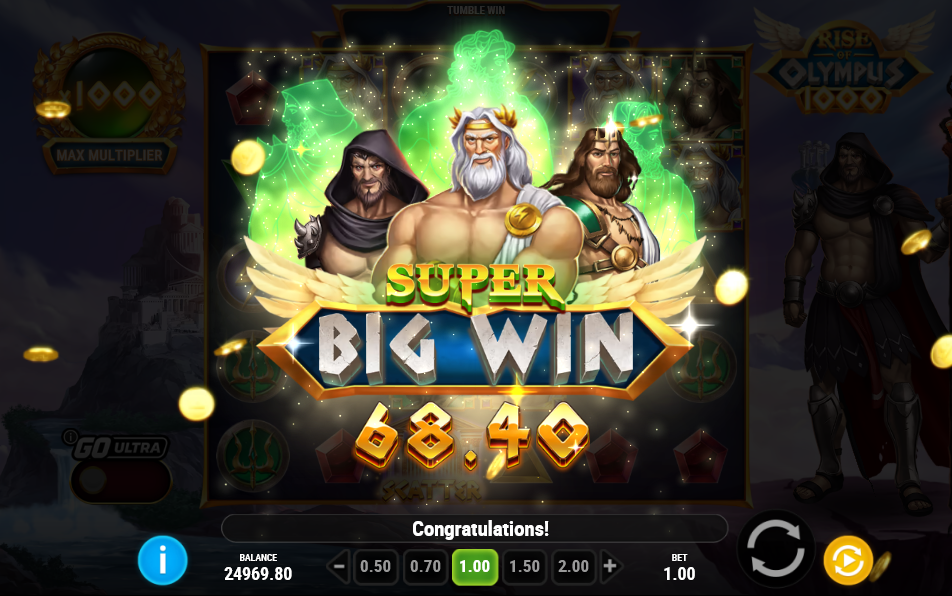 free spins closing win of 68.40 with the three gods and gold coins falling