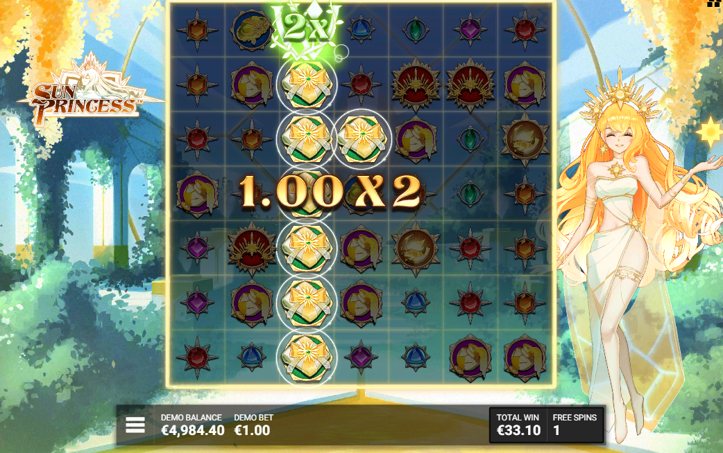 Solaris Grove bonus with a column of wild symbols and 2x multiplier building mid-round