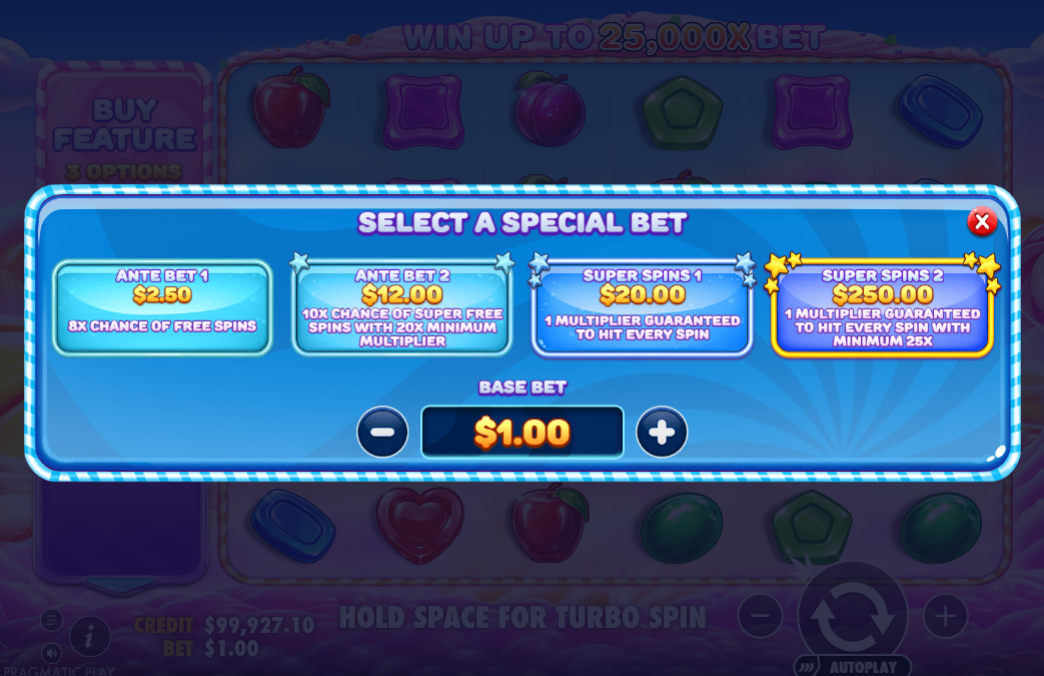Sweet Bonanza 2500 special bet menu showing two ante bets and two Super Spins with their costs