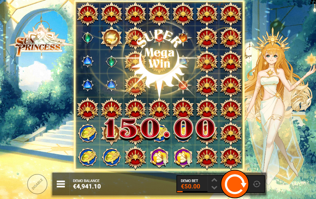 Stellar FeatureSpins showing €150 Super Mega Win from a massive red symbol cluster