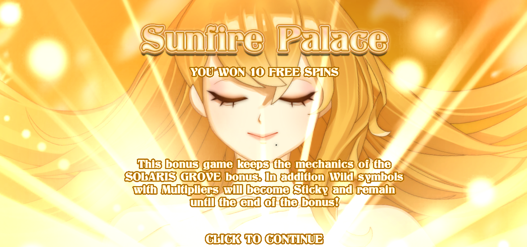 Sunfire Palace free spins intro screen featuring Celeste