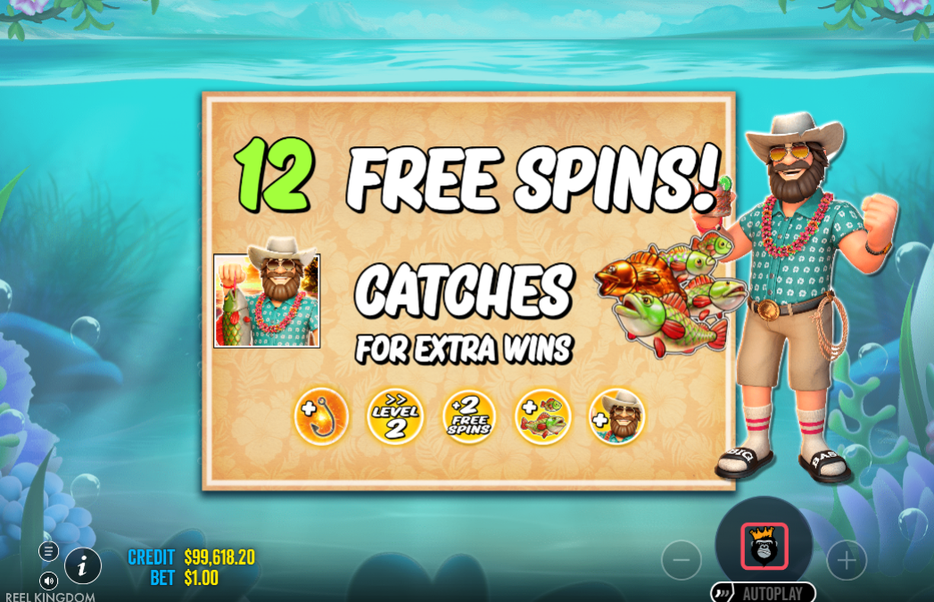 Super Free Spins award showing fisherman wild with all modifiers active