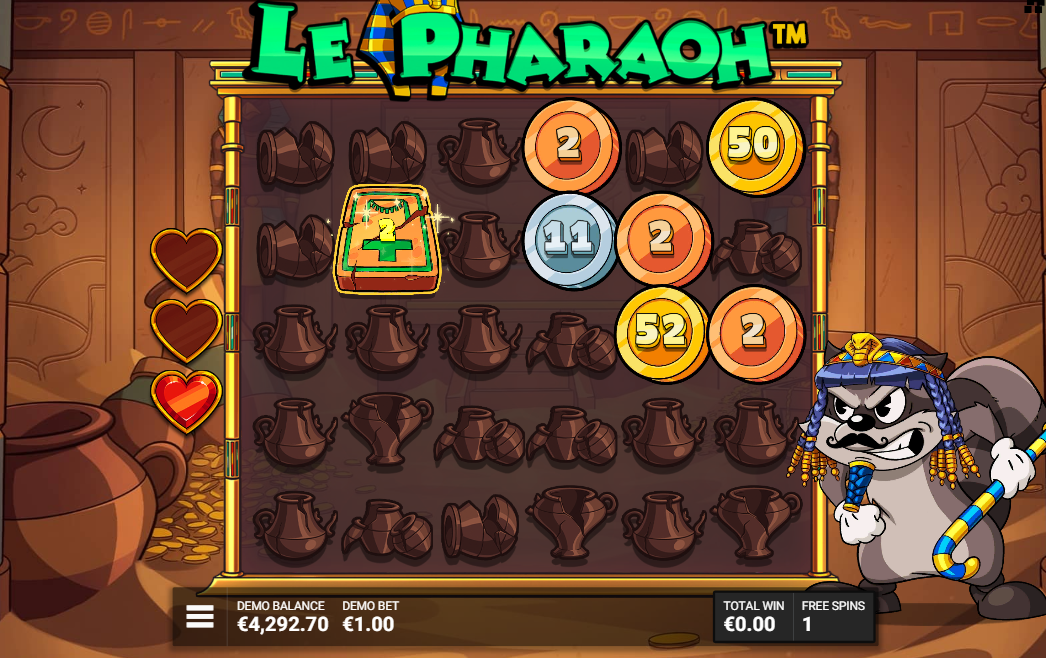Le Pharaoh Super Lost Treasures bonus with coins and an adding stone tablet on the hold and win grid