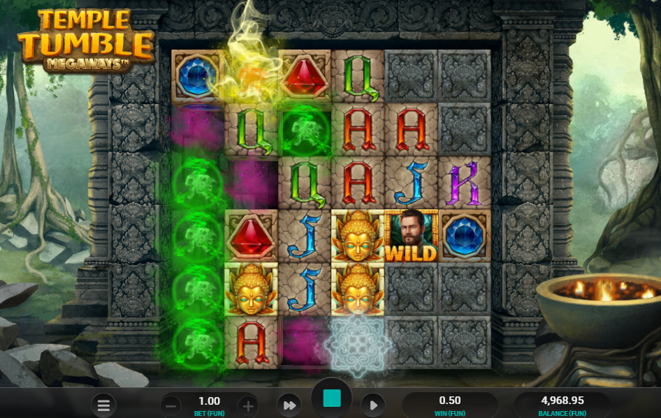 Temple Tumble Megaways gameplay with coloured smoke plumes from a winning tumble