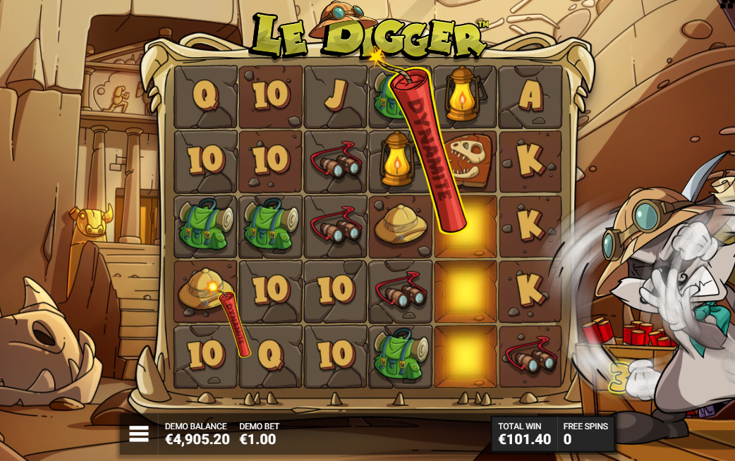 Le Digger Tomb Service dynamite collector firing sticks across the grid on the final bonus spin
