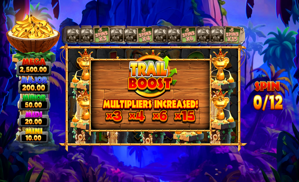 Trail Boost upgrade screen showing multipliers increased to 3x 4x 6x and 15x