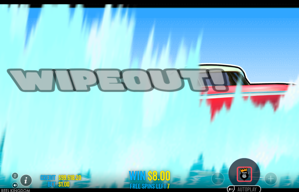 Wipeout feature animation showing motorboat speeding across the screen during free spins