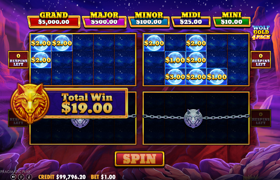 Bonus end screen, a 19.00 total on the top two grids with the lower two chained.