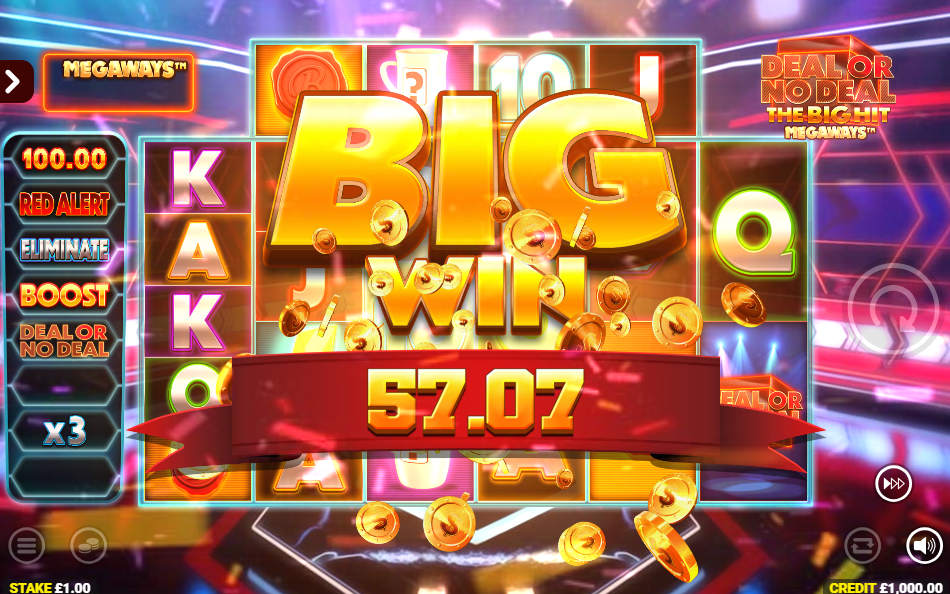 Big Win screen reading 57.07 over the reels after a cascade chain