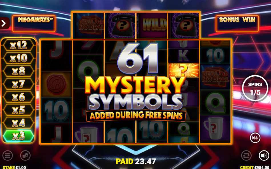 Free spins round with 61 mystery symbols added and a multiplier trail from x3 to x12