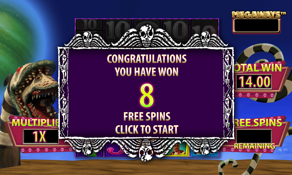 Free spins intro screen showing eight spins awarded beside a sandworm.