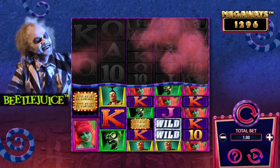 Beetlejuice Megaways base reels with the top rows dimmed and inactive